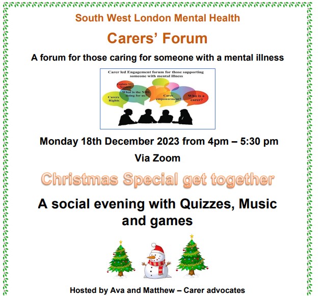 18th December 2023 - South West London Mental Health Carers' Forum Christmas get together on Zoom